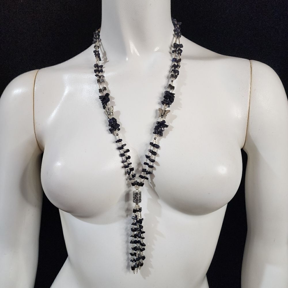 Purple Goldstone, Hematite, & Clear Beaded Butterfly & Tassel Necklace